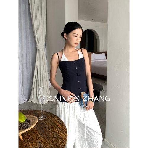 CZ ZHANG夏假两件撞色拼接挂脖收腰小吊带女气质休闲背心 C13406