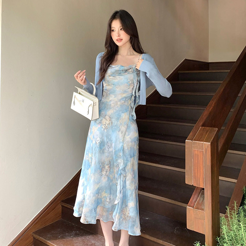SE白标-“度假缪斯"吊带可调节肩带荷叶边开衩度假连衣裙88652