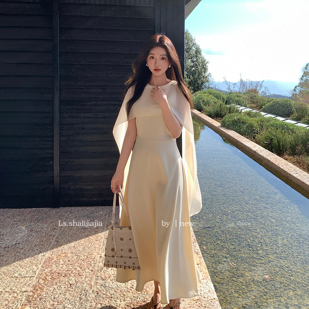 LS优雅名媛气质配披肩连衣裙女 十三行2026春新款女装长裙子61257