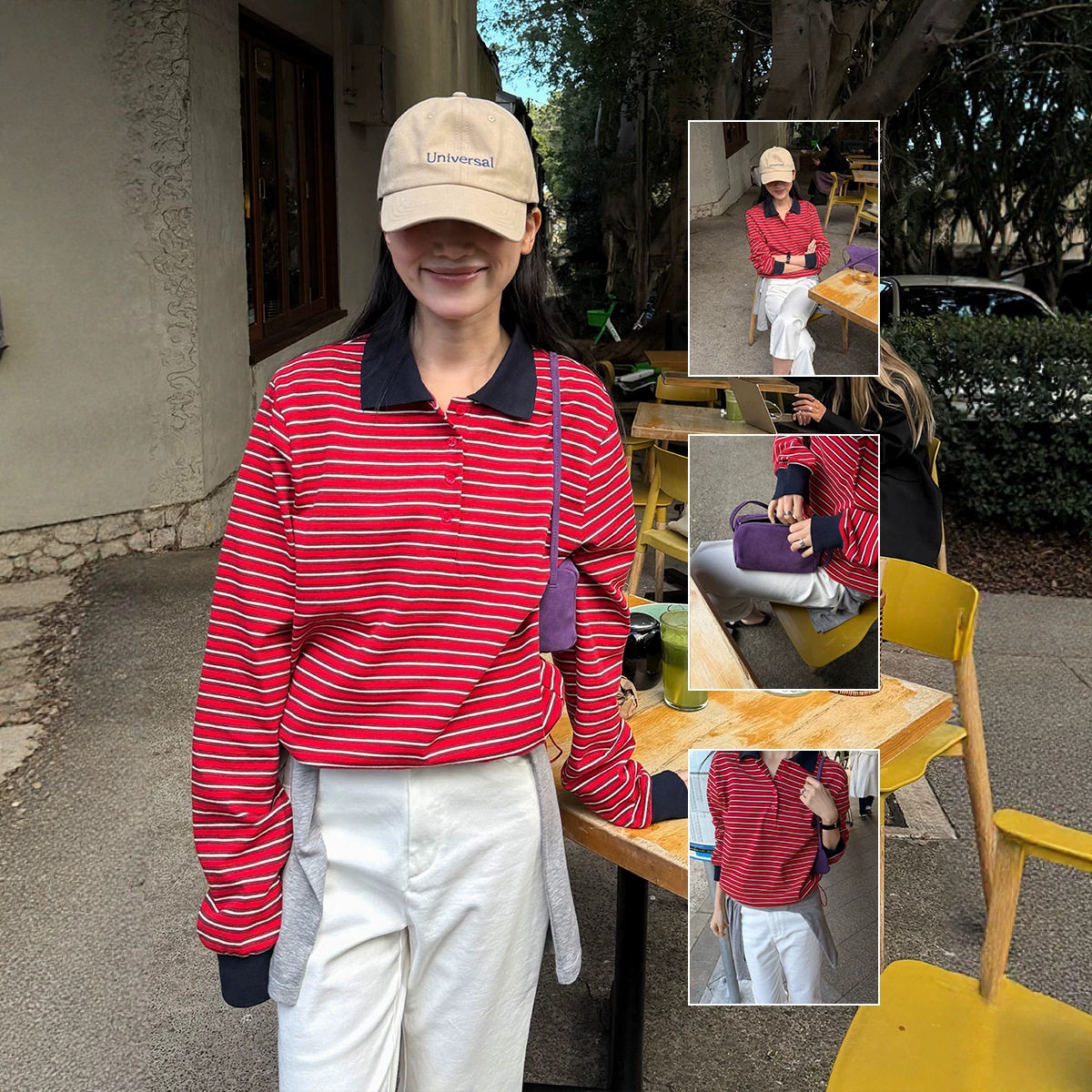 时简 秋冬新爆款红色撞色条纹学院风翻领Polo衫显瘦卫衣女 61501