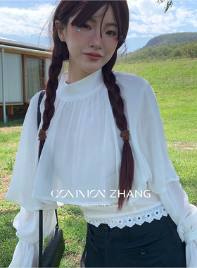 CZ ZHANG春小清新假两件叠层天丝小衫女质感蕾丝拼接雪纺衫C23027