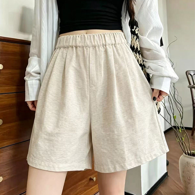 HZ韩系纯色亚麻短裤女大码遮胯显瘦松紧腰侧口袋薄棉麻休闲短裤