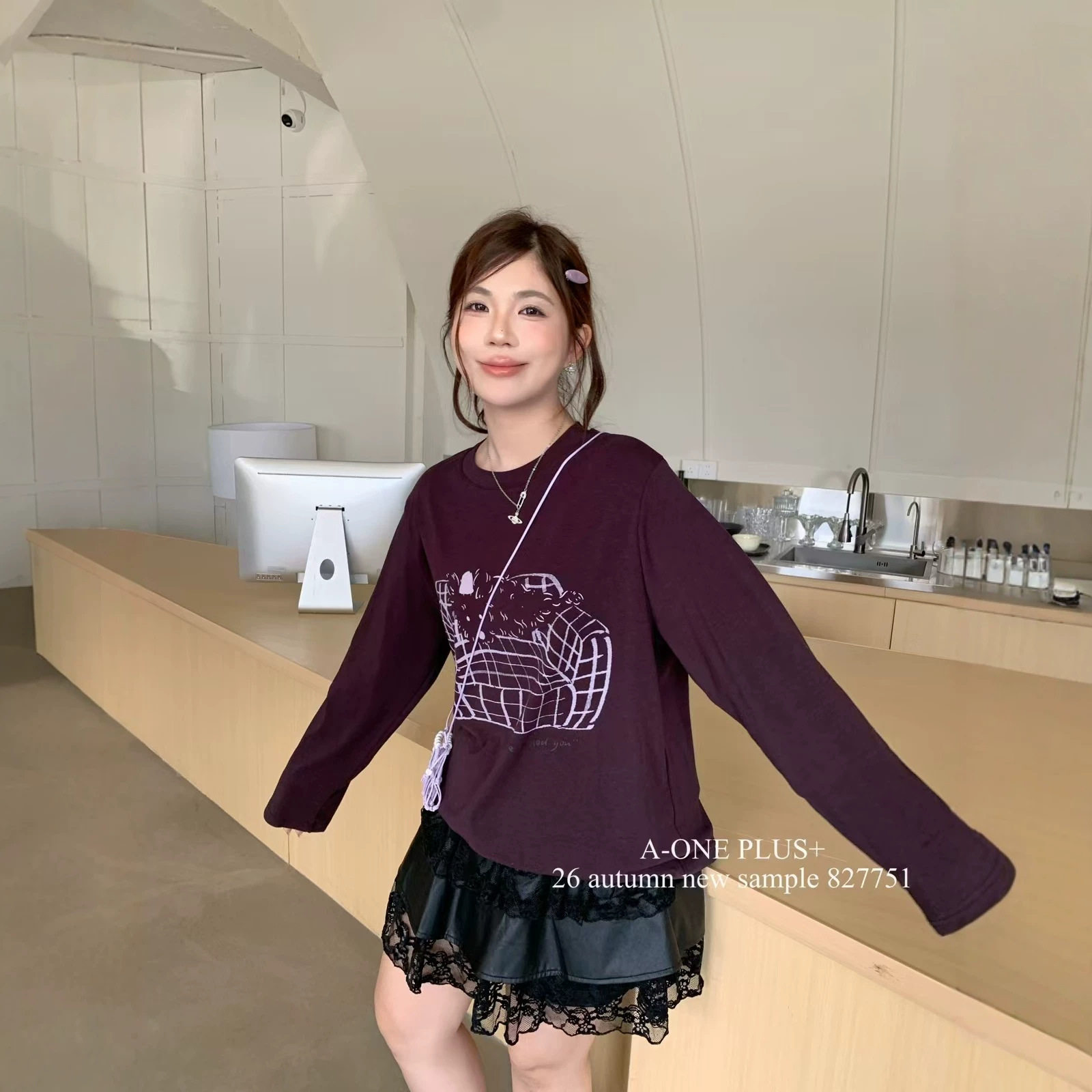 大码女装跨境韩系印花圆领秋季新款宽松时尚显瘦上衣长袖T恤+包挂
