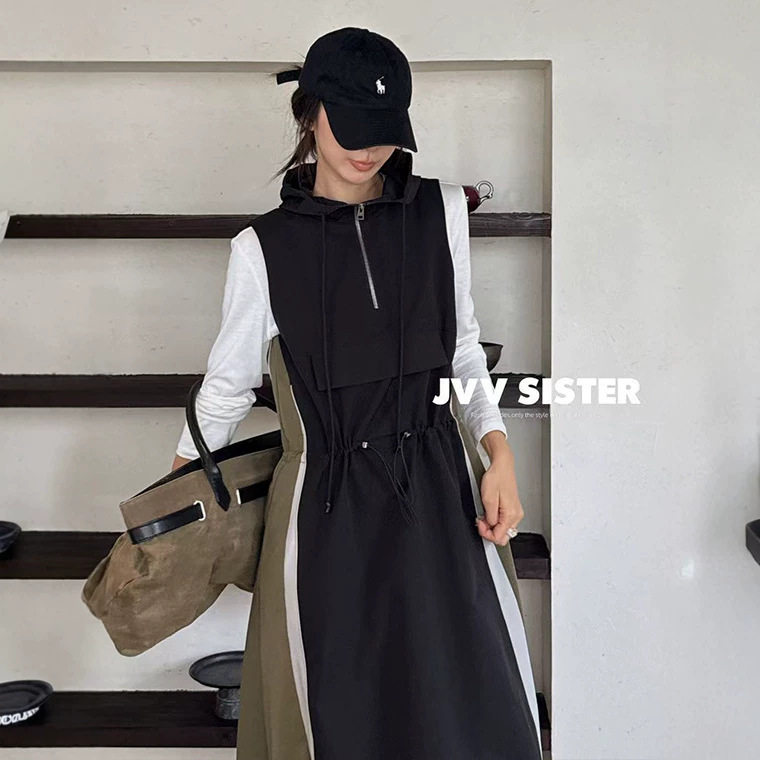 JVV十三行2026秋季新款潮流运动风设计感撞色连帽无袖连衣裙91317