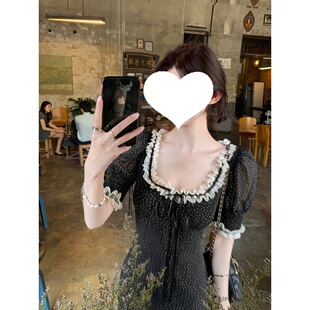 白水女 白塔玫瑰 黑色波点连衣裙女早春花边韩系chic别致穿搭长裙