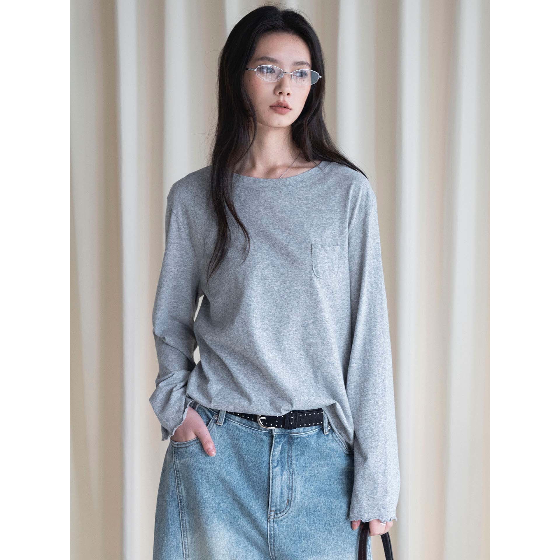 XM早秋新款日系简约时髦圆领小口贴袋莼色小版T恤打底上衣女