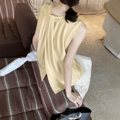 [初打]十三行夏季法式天丝亚麻后背搭片设计感褶皱上衣CSA7124