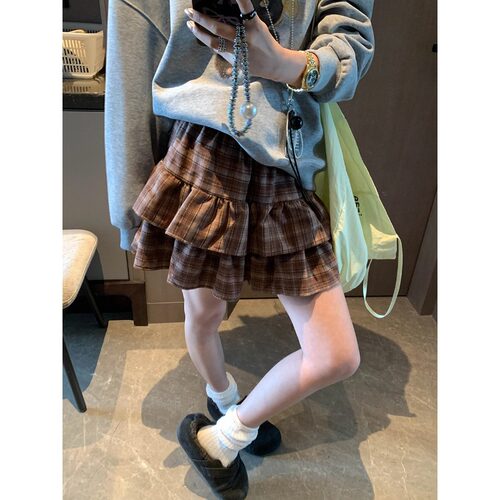 秋季新款 复古格纹荷叶边松紧腰蛋糕裙半身裙小个子 MQ1739