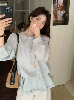 SUSAN 韩系褶皱收腰木耳边显瘦通勤小衫 木耳边下摆悄悄藏肉！