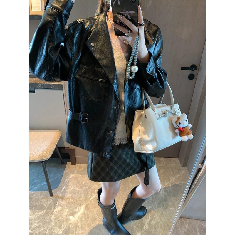 都市摩登感 软荔枝纹PU皮工装风收腰皮衣夹克外套 MQ1867