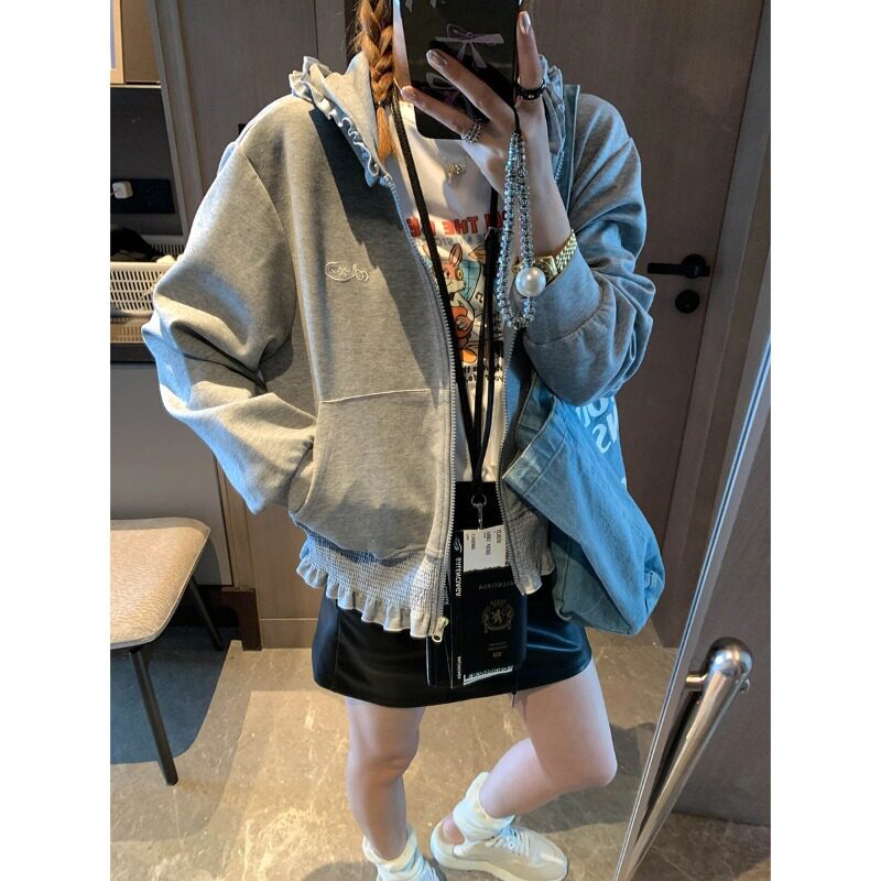 秋季新款 韩系甜美木耳边拼接休闲连帽拉链卫衣外套 MQ1678