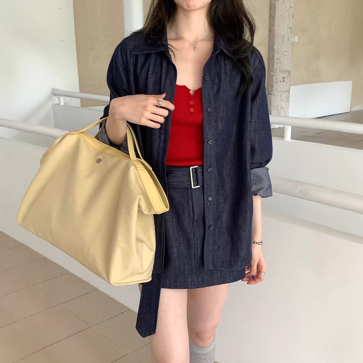 广州十三行2026新款春装女装韩系宽松牛仔衬衫/高腰a字半身裙子