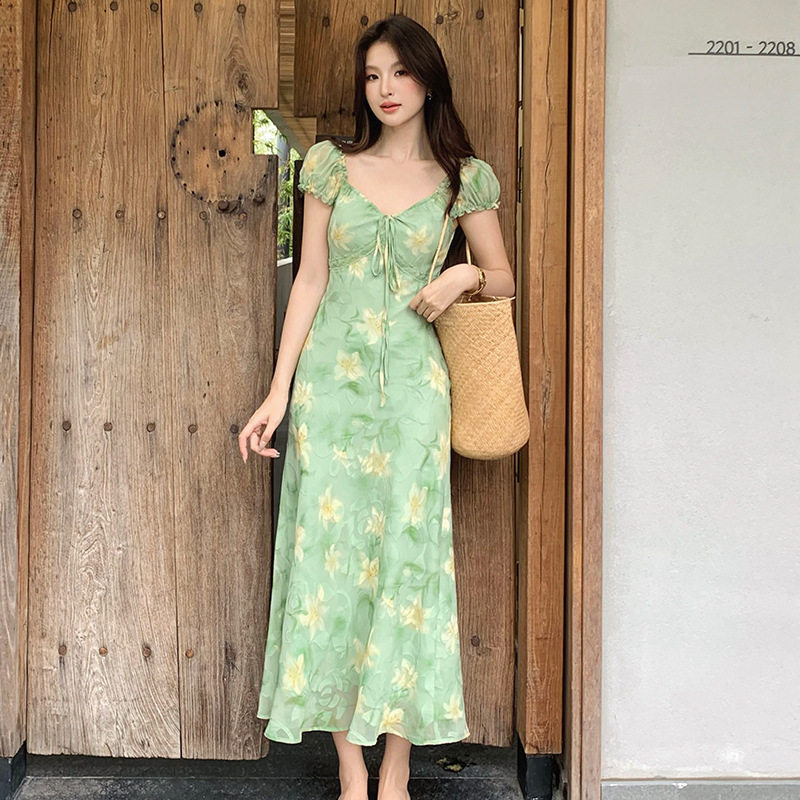 SE白标-微醺夏恋法式浪漫小盖袖斜裁显瘦印花连衣裙88611