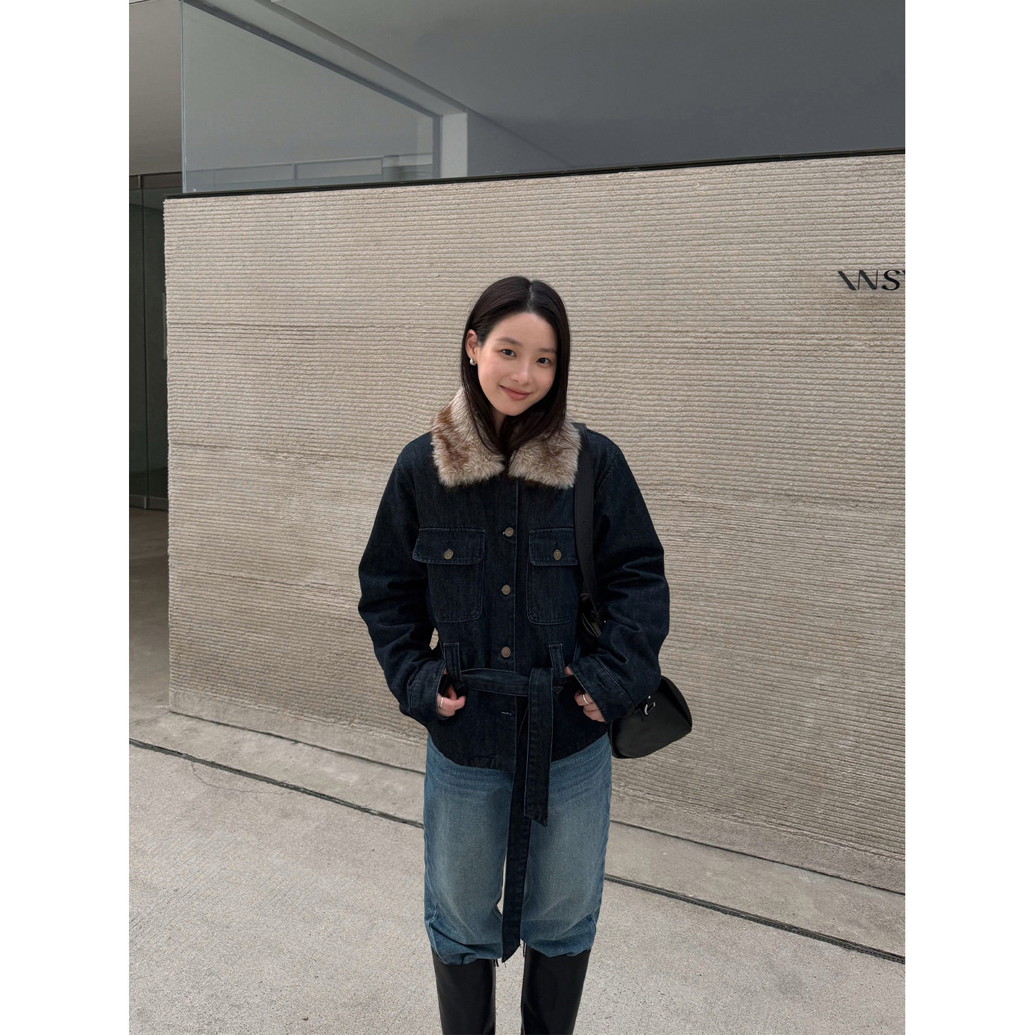 HX 游牧丹宁 可拆毛领夹棉保暖牛仔外套女2026冬收腰棉服27547