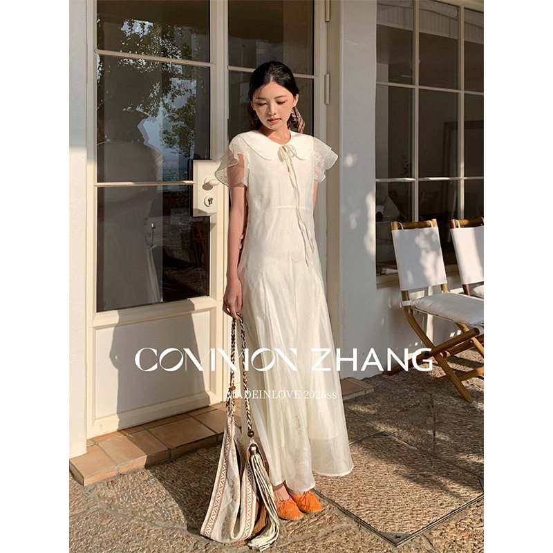 CZ ZHANG夏飞飞袖双层天丝提花连衣裙女学院风娃娃领长裙 C26039