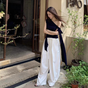 2026SS春夏 斜肩小众设计 针织飘带露肩无袖 上衣背心女ins 法式