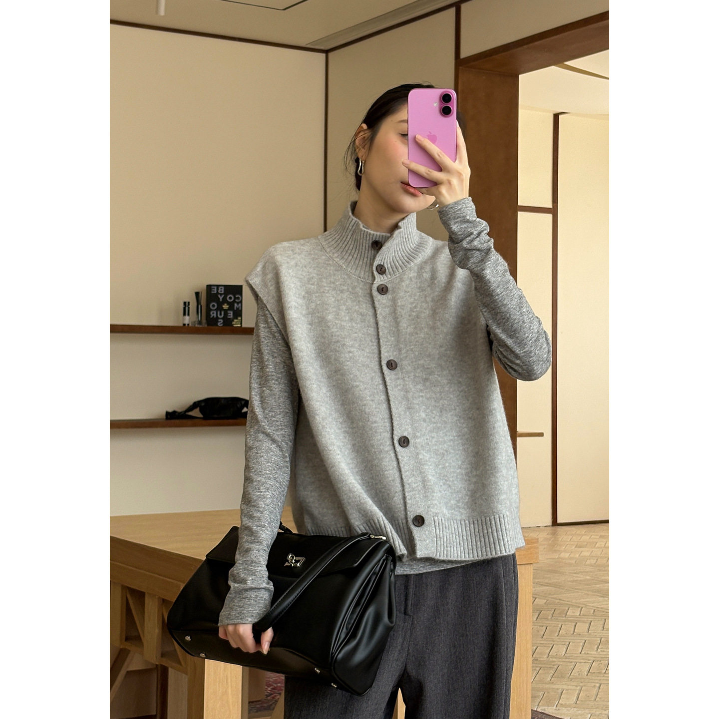 单排扣羊毛坎肩无袖针织马甲女秋冬半高领叠穿纯色YE0315
