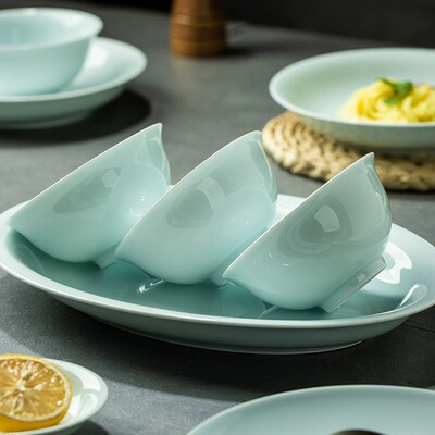 景德镇影青瓷米饭碗釉下彩轻奢简约中式面碗骨碟不挂油高温餐具碗