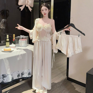 四件套冰丝性感家居服套装 法式 宫廷风睡衣女夏高级感蕾丝吊带短裤