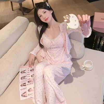 莫代尔棉带胸垫睡衣女纯欲风小个子春秋季性感吊带三件套家居服