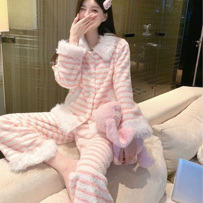 2025年新款秋冬季甜美撞色条纹睡衣女加厚保暖双面绒家居服可外穿