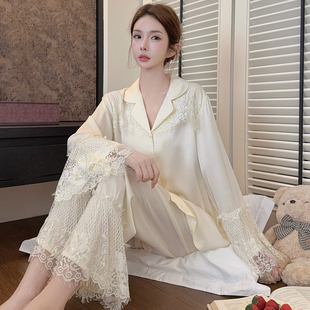 法式蕾丝喇叭袖仙女风睡衣女高级感春秋冰丝长袖长裤家居服可外穿