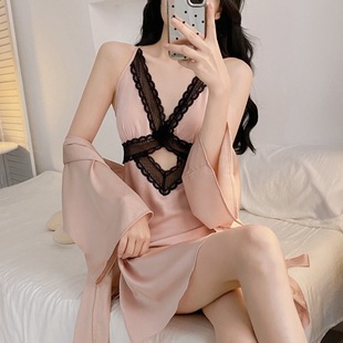 纯欲风蕾丝花边冰丝睡裙女夏带胸垫性感吊带睡衣家居服可外穿 法式