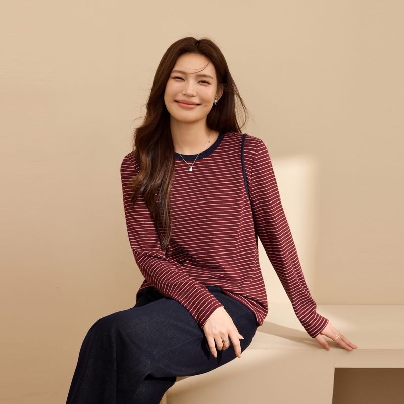 【慵懒条纹针织衫】纤莉秀大码女装 柔软舒适上衣胖mm2025秋新款