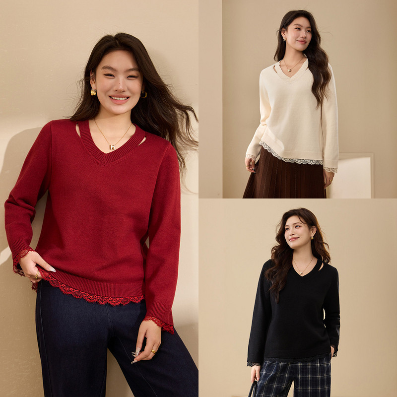 【烟波】镂空设计蕾丝拼接内搭软糯毛衣纤莉秀大码女装胖mm冬新款,女装/女士精品,大码内搭,淘宝优惠券,粉丝福利购,淘宝优惠卷