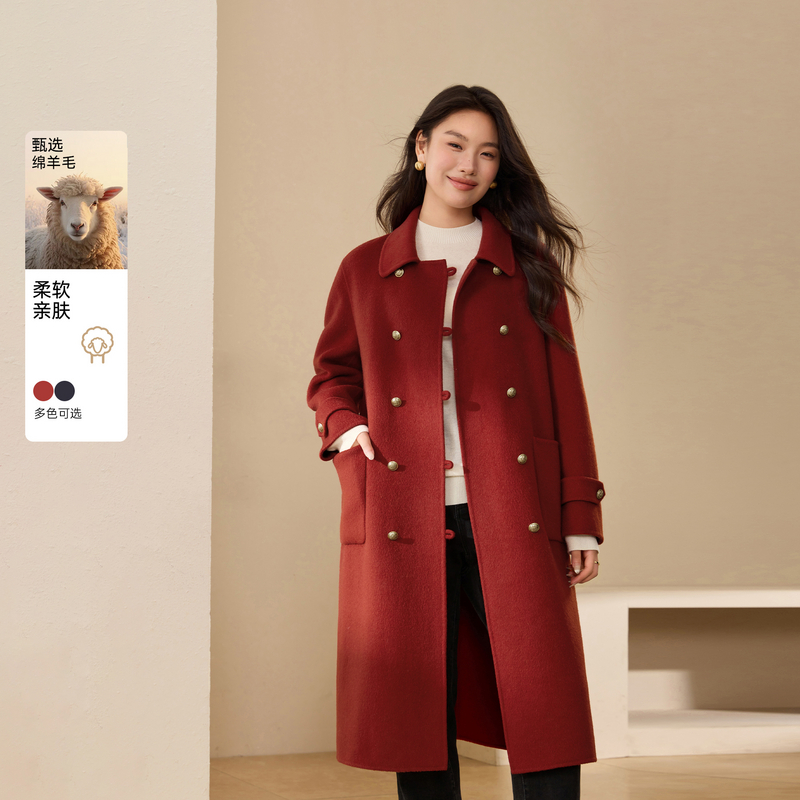 【100绵羊毛翻领毛呢外套】纤莉秀大码女装双面呢大衣胖mm冬新款