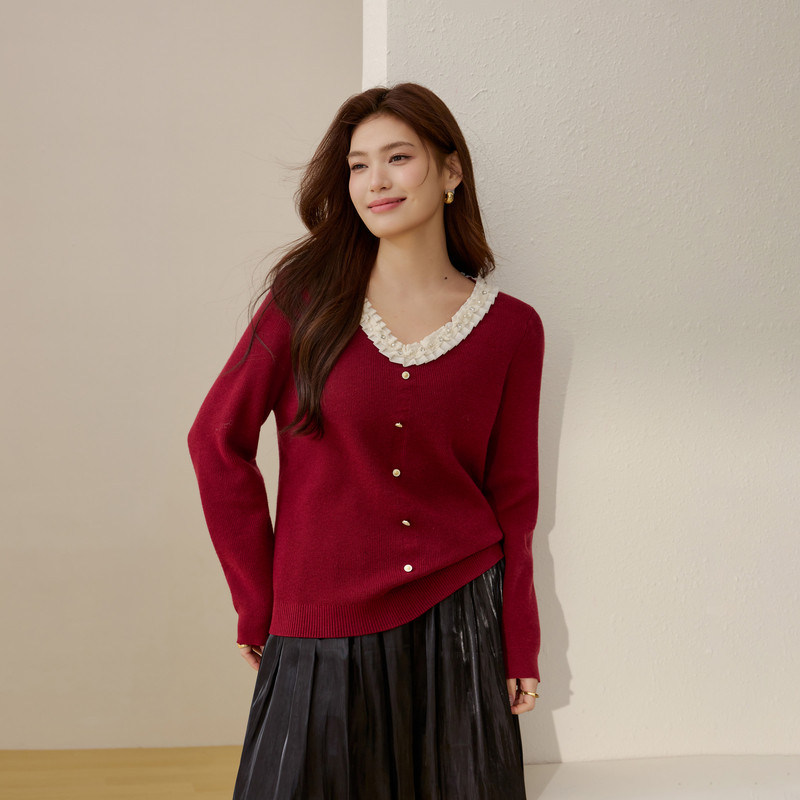 【花边V领气质百搭毛衣】纤莉秀大码女装优雅上衣胖mm2026春新款,女装/女士精品,大码内搭,淘宝优惠券,粉丝福利购,淘宝优惠卷