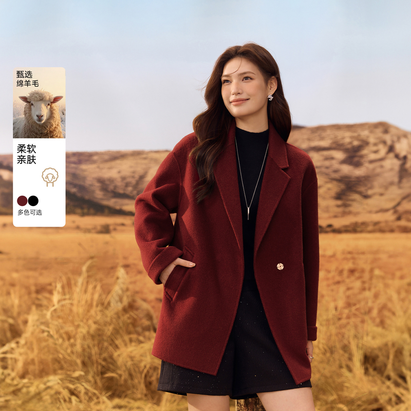 【翻驳领100绵羊毛外套】纤莉秀大码女装优雅气质大衣胖mm冬新款