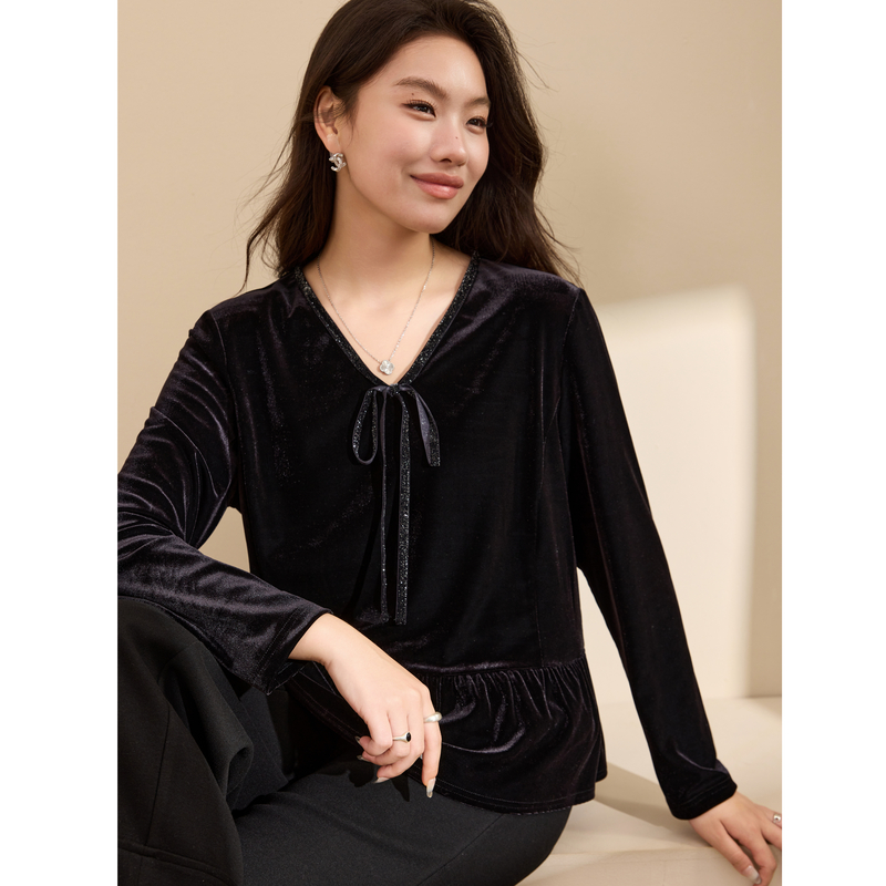 【星光】丝绒系带设计感柔糯针织衫纤莉秀大码女装胖mm2025冬新款