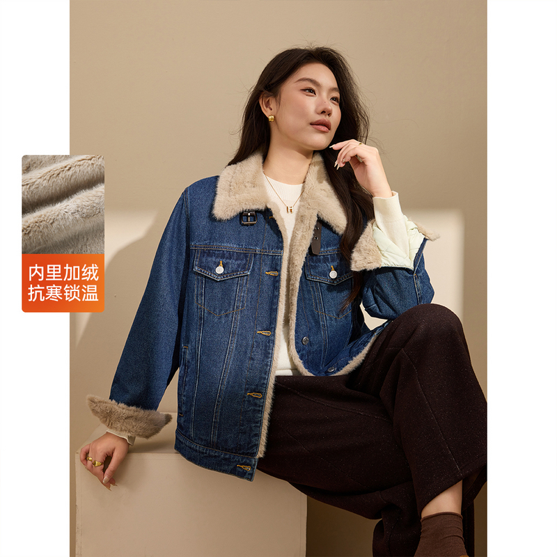 【加绒保暖牛仔外套】纤莉秀大码女装个性翻领开衫胖mm2025冬新款
