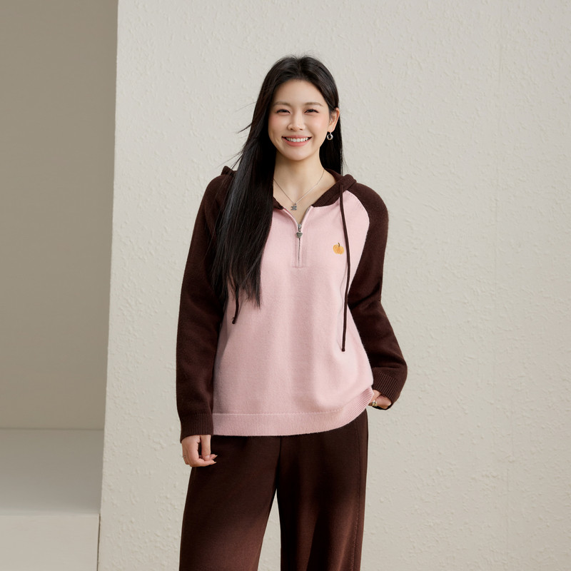 【南瓜刺绣撞色连帽毛衣】纤莉秀大码女装拉链领口上衣胖mm春新款,女装/女士精品,大码内搭,淘宝优惠券,粉丝福利购,淘宝优惠卷