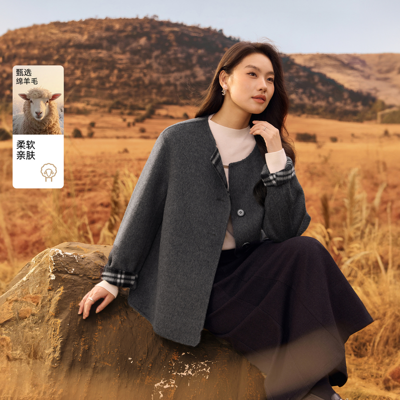 【时髦格子绵羊毛外套】纤莉秀大码女装复古气质开衫胖mm冬装新款