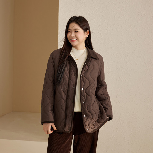 【自由都市】灯芯绒翻领波浪绗缝加厚棉服纤莉秀大码胖mm冬装新款