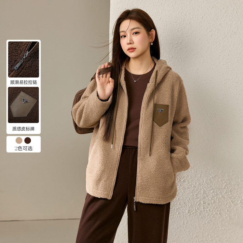 纤莉秀大码女装复古休闲连帽厚实保暖摇粒绒外套胖mm2024冬装新款