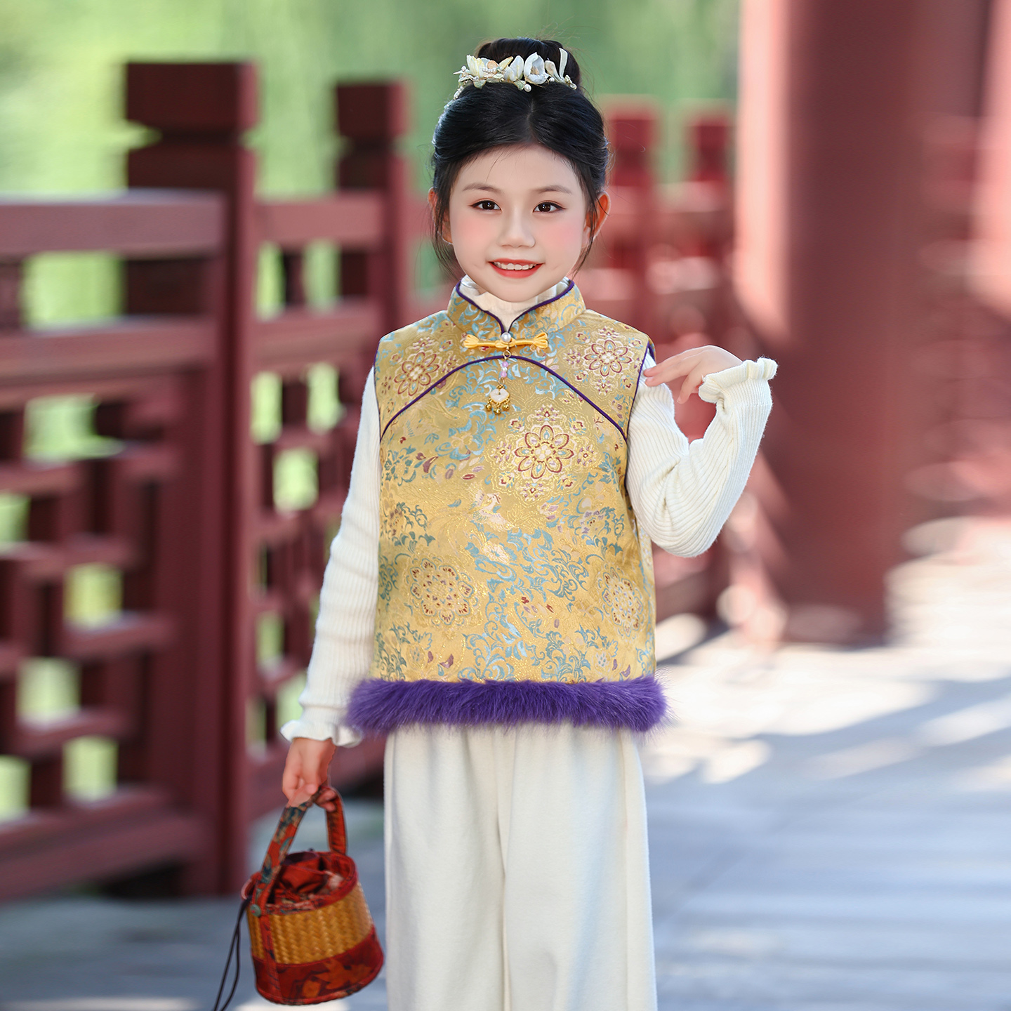 高级感女童新中式国风马甲套装冬