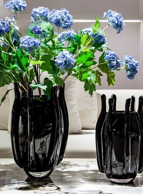 中古侘寂风手工琉璃黑色琥珀色高档装饰花瓶样板房餐桌展厅摆件