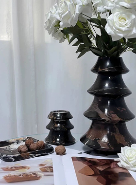 现代中古风样板房餐桌售楼处酒店洽谈桌大理石云石高档花瓶摆件