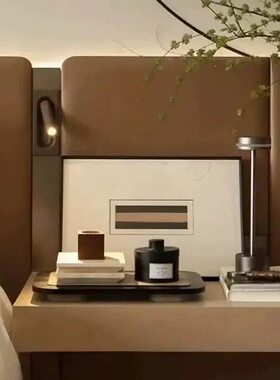 现代中古侘寂风样板房床头柜香薰托盘挂画小台灯托盘组合装饰摆件