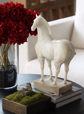 新中式中国风复古石材骏马雕塑摆件样板房客厅茶几玄关酒店摆件