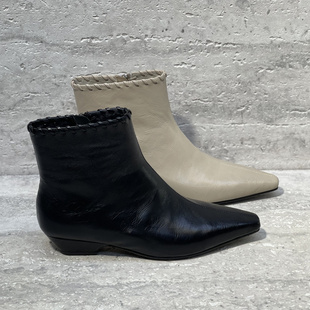 欧洲站女鞋2025秋季新款真皮胎牛皮尖头粗跟侧拉链编织裸靴短靴女