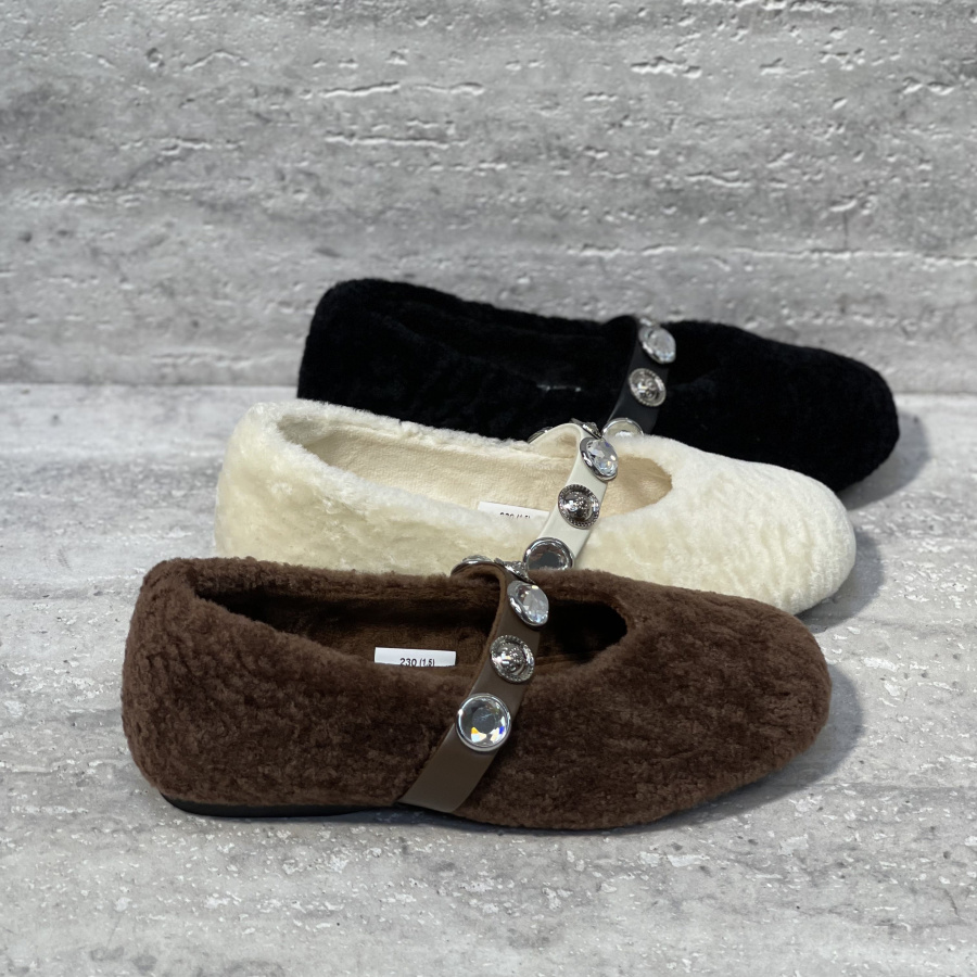 水钻加绒保暖浅口平底玛丽珍鞋