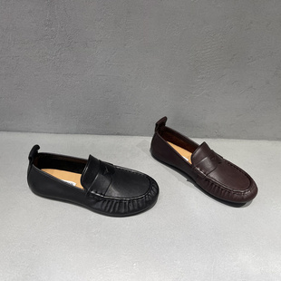 欧洲站欧货女鞋2026春季新款休闲一脚蹬平底豆豆鞋真皮英伦小皮鞋