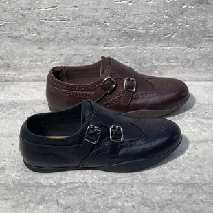 欧洲站女鞋2026春季新款欧货真皮平底皮带扣秀气乐福鞋布洛克鞋女