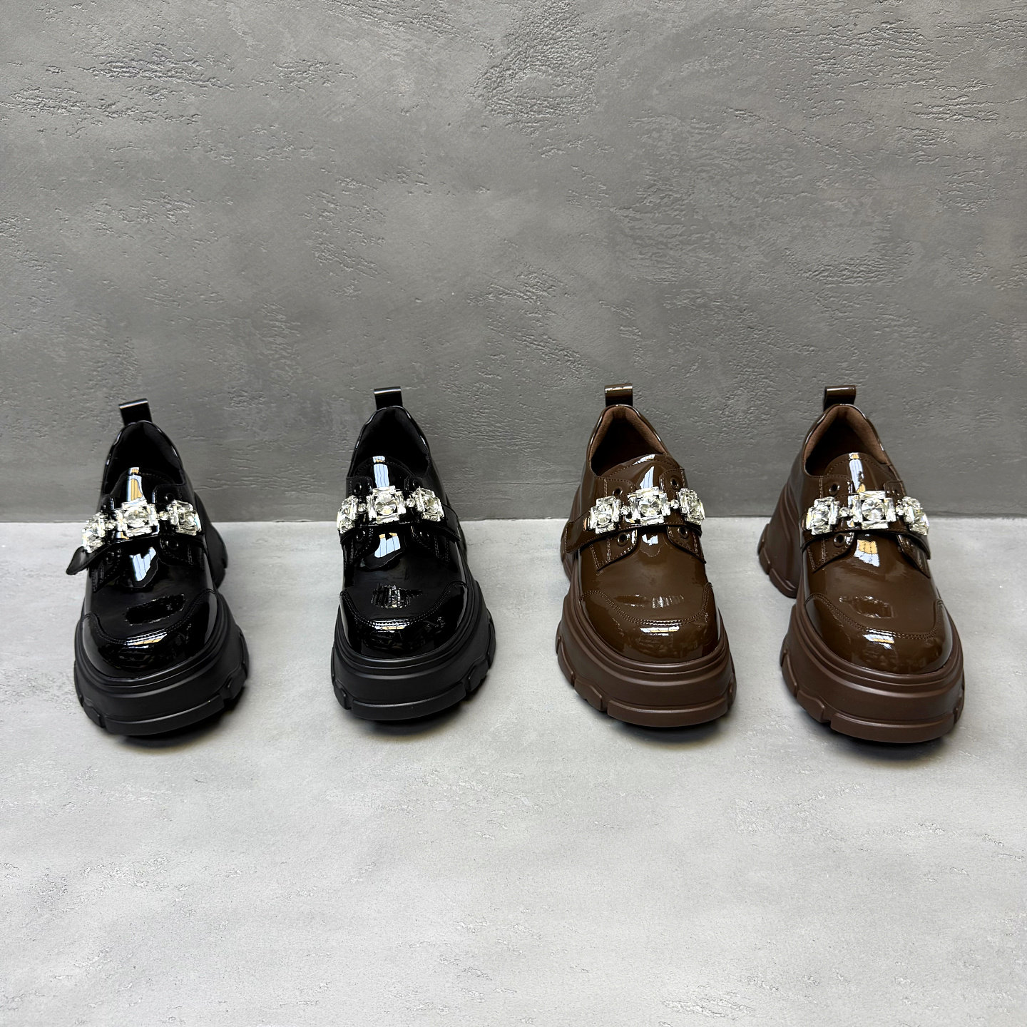 秋新真皮厚底魔术贴水钻乐福鞋女