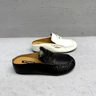 欧洲站欧货女鞋2026春季新款真皮包头拖鞋一脚蹬坡跟舒适懒人半拖