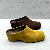 欧洲站欧货女鞋 外穿懒人凉拖 2026春夏新真皮磨砂方头低跟包头拖鞋